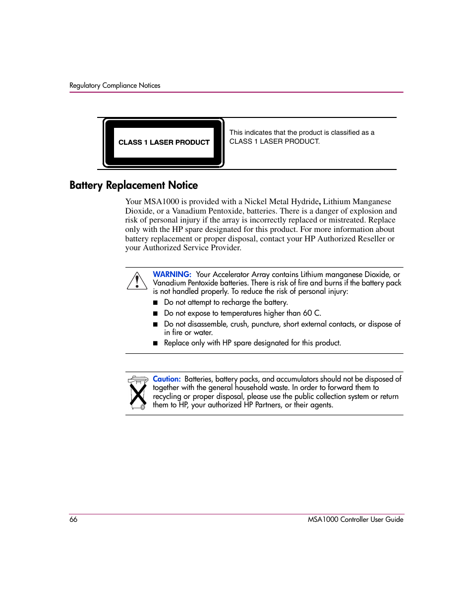 Battery replacement notice | HP StorageWorks 1000 Modular Smart Array User Manual | Page 66 / 72