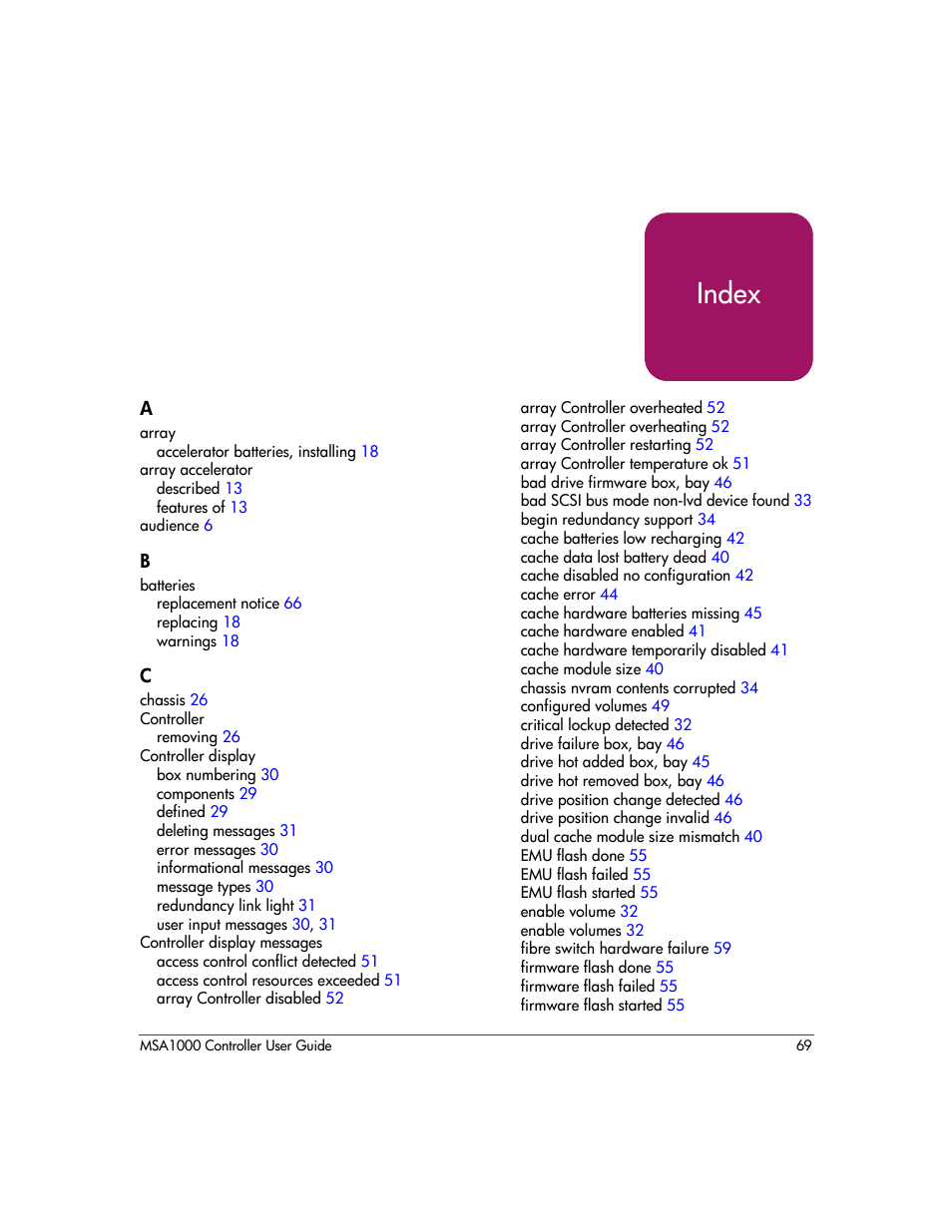 Index | HP StorageWorks 1000 Modular Smart Array User Manual | Page 69 / 72