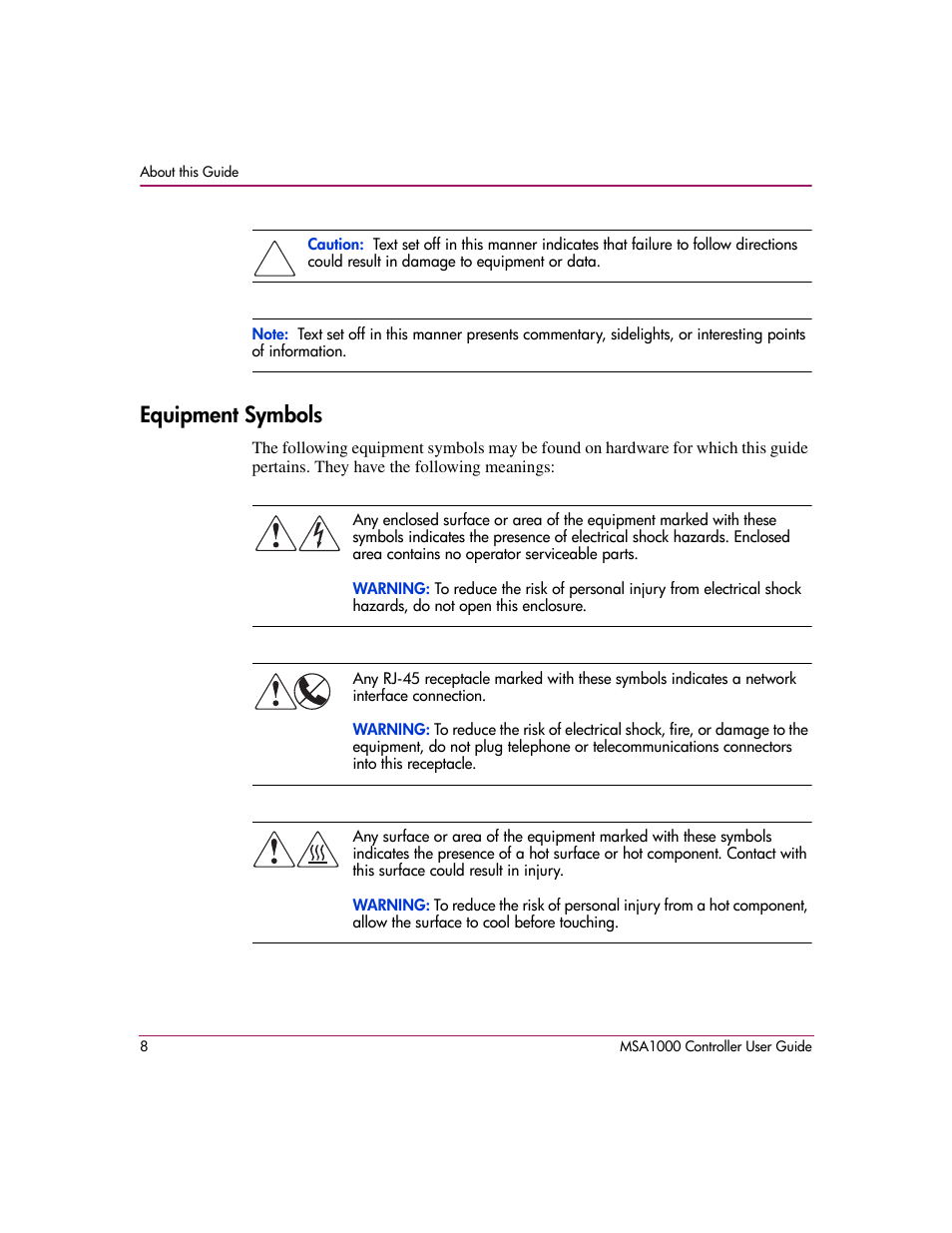 Equipment symbols | HP StorageWorks 1000 Modular Smart Array User Manual | Page 8 / 72