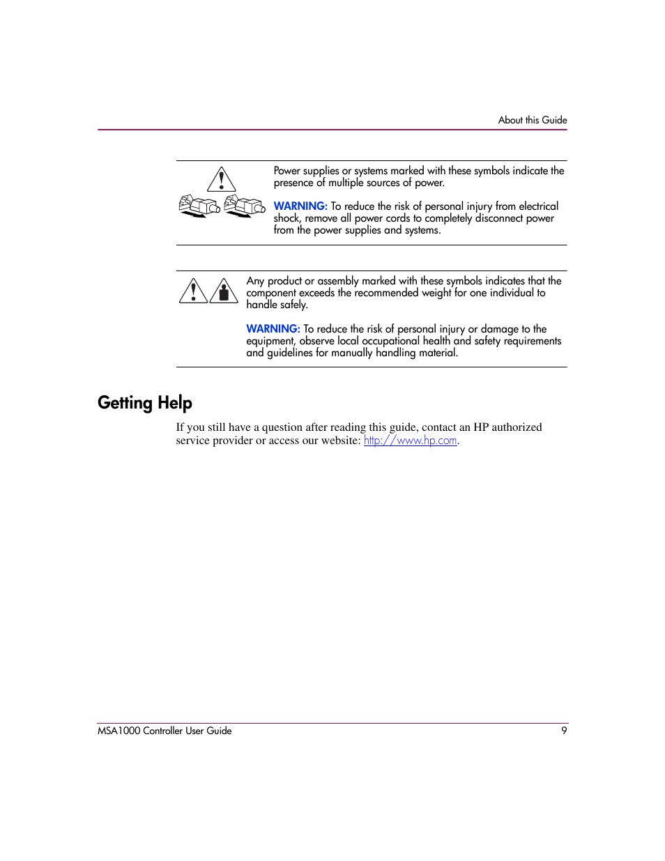 Getting help | HP StorageWorks 1000 Modular Smart Array User Manual | Page 9 / 72