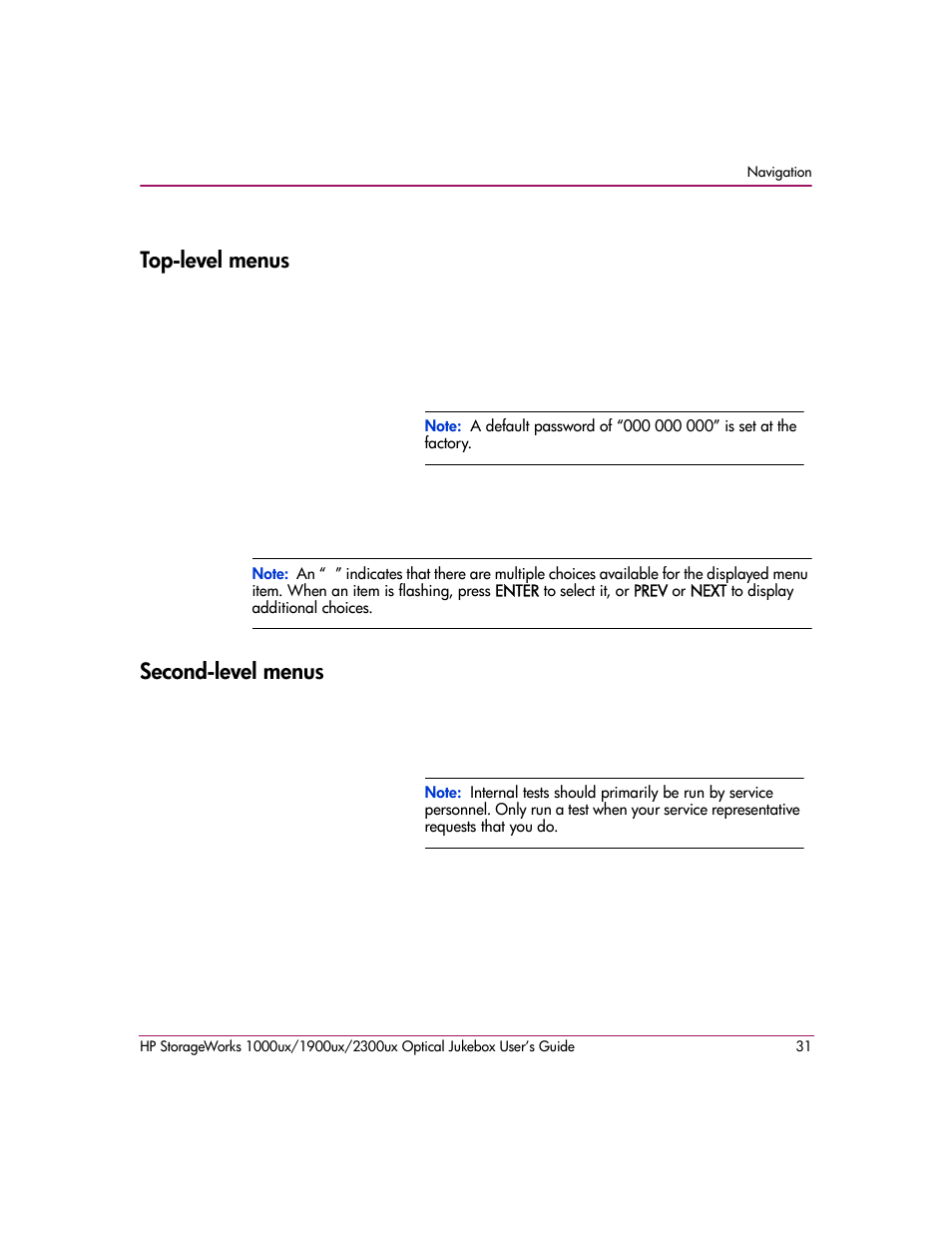 Top-level menus, Second-level menus, Top-level menus second-level menus | HP StorageWorks Ultra Density Optical Storage User Manual | Page 31 / 80