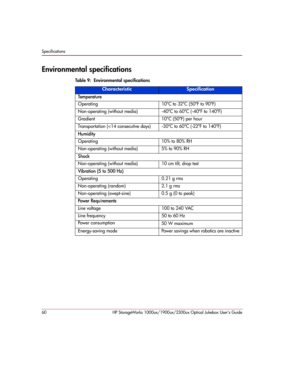 Environmental specifications, Table 9: environmental specifications | HP StorageWorks Ultra Density Optical Storage User Manual | Page 60 / 80