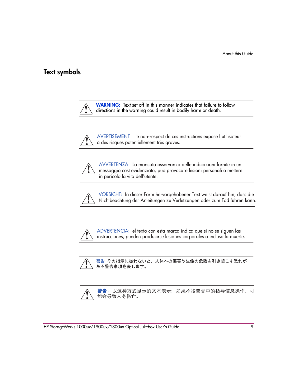 Text symbols | HP StorageWorks Ultra Density Optical Storage User Manual | Page 9 / 80