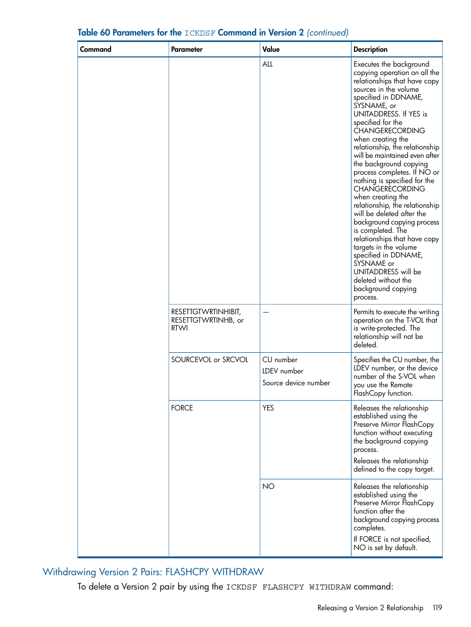 Withdrawing version 2 pairs: flashcpy withdraw | HP StorageWorks XP Remote Web Console Software User Manual | Page 119 / 155
