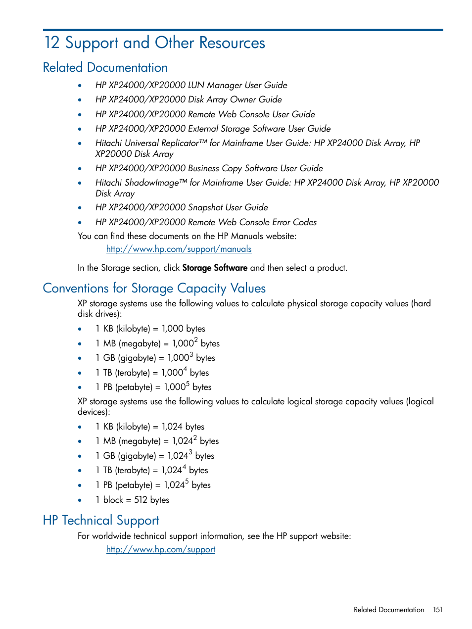 12 support and other resources, Related documentation, Conventions for storage capacity values | Hp technical support | HP StorageWorks XP Remote Web Console Software User Manual | Page 151 / 155