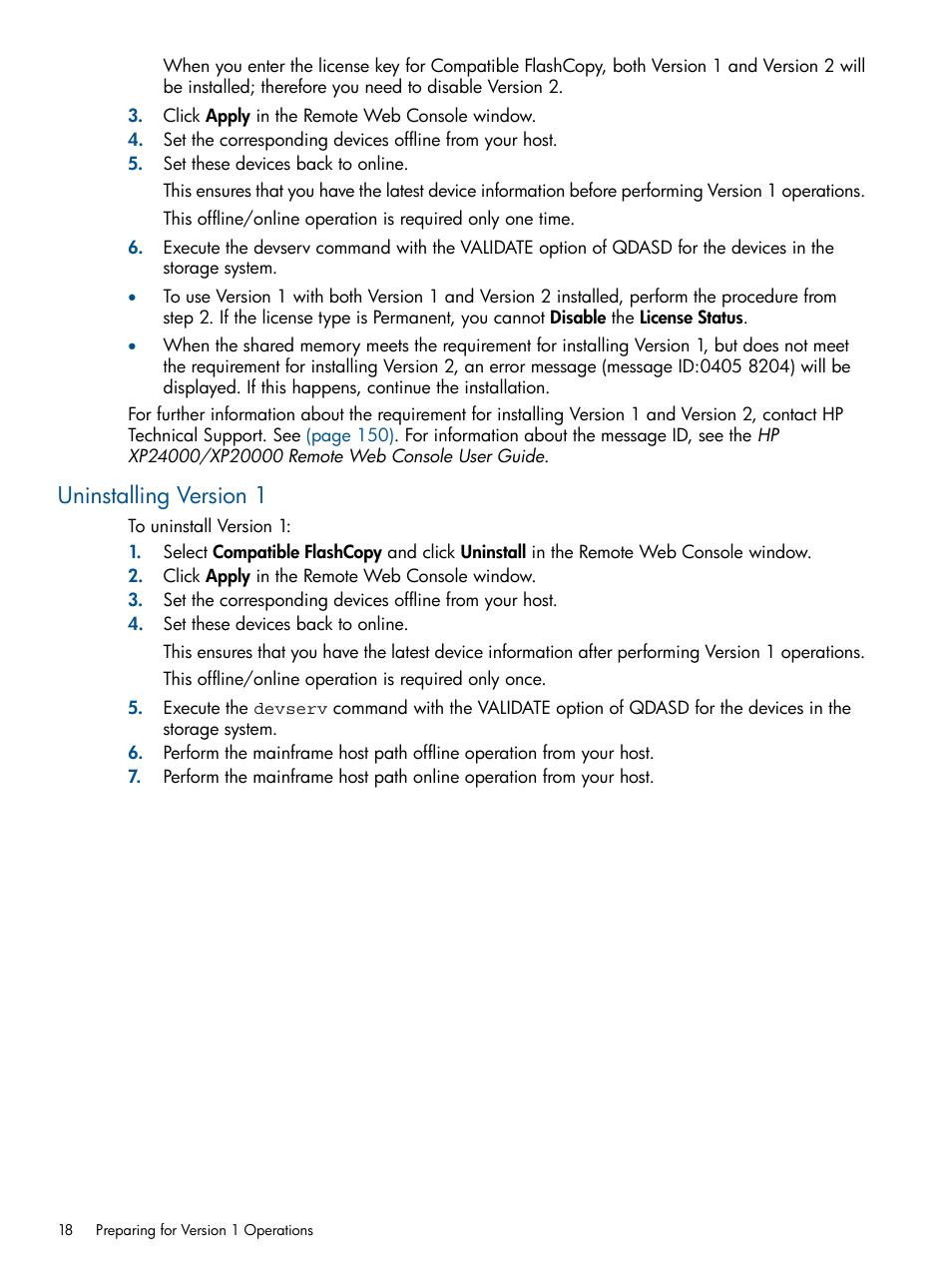 Uninstalling version 1 | HP StorageWorks XP Remote Web Console Software User Manual | Page 18 / 155