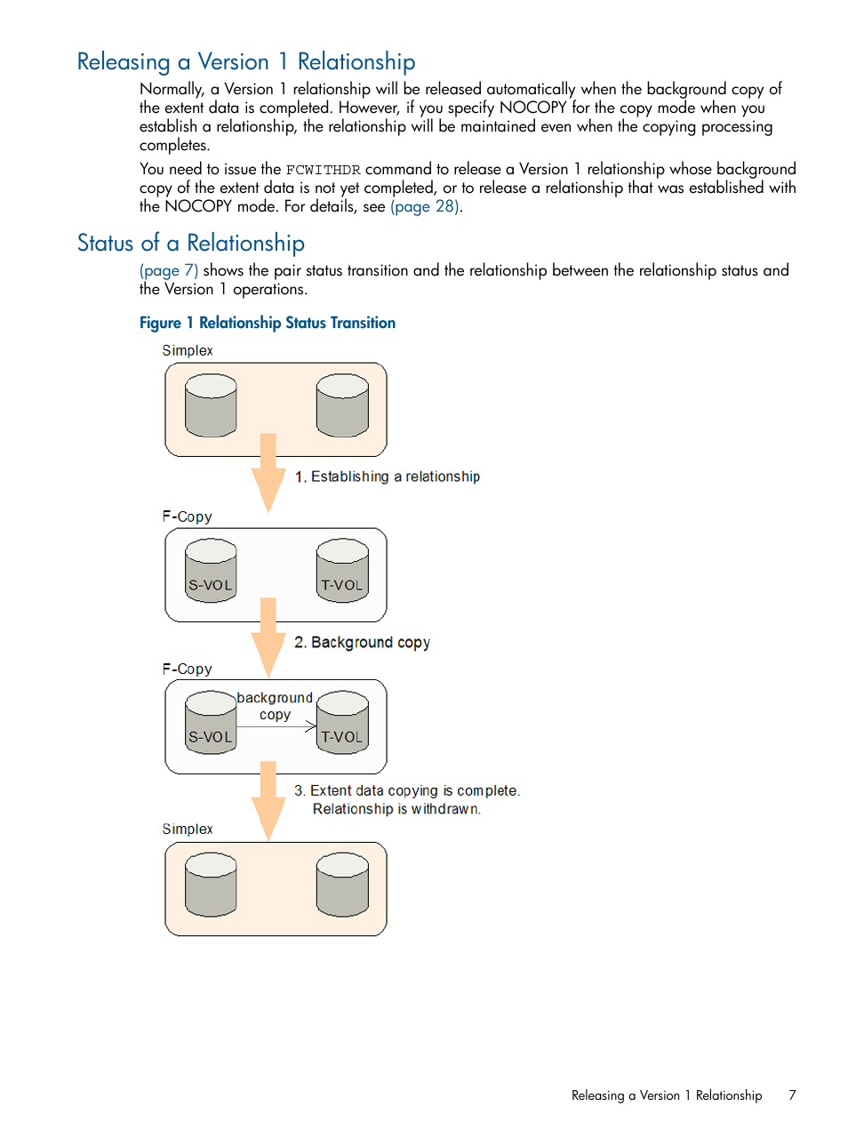 Releasing a version 1 relationship, Status of a relationship | HP StorageWorks XP Remote Web Console Software User Manual | Page 7 / 155