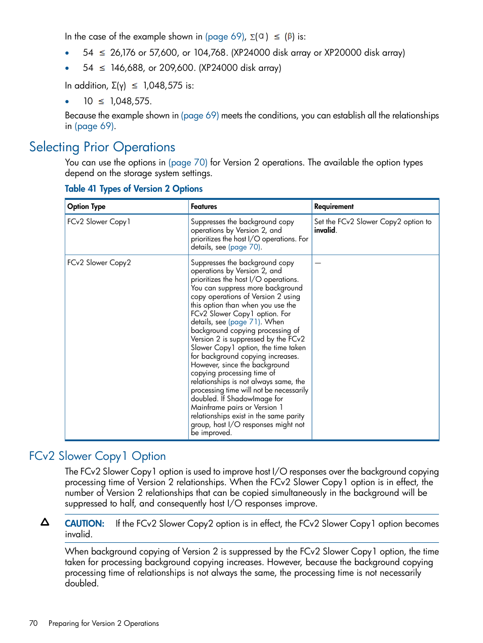 Selecting prior operations, Fcv2 slower copy1 option | HP StorageWorks XP Remote Web Console Software User Manual | Page 70 / 155
