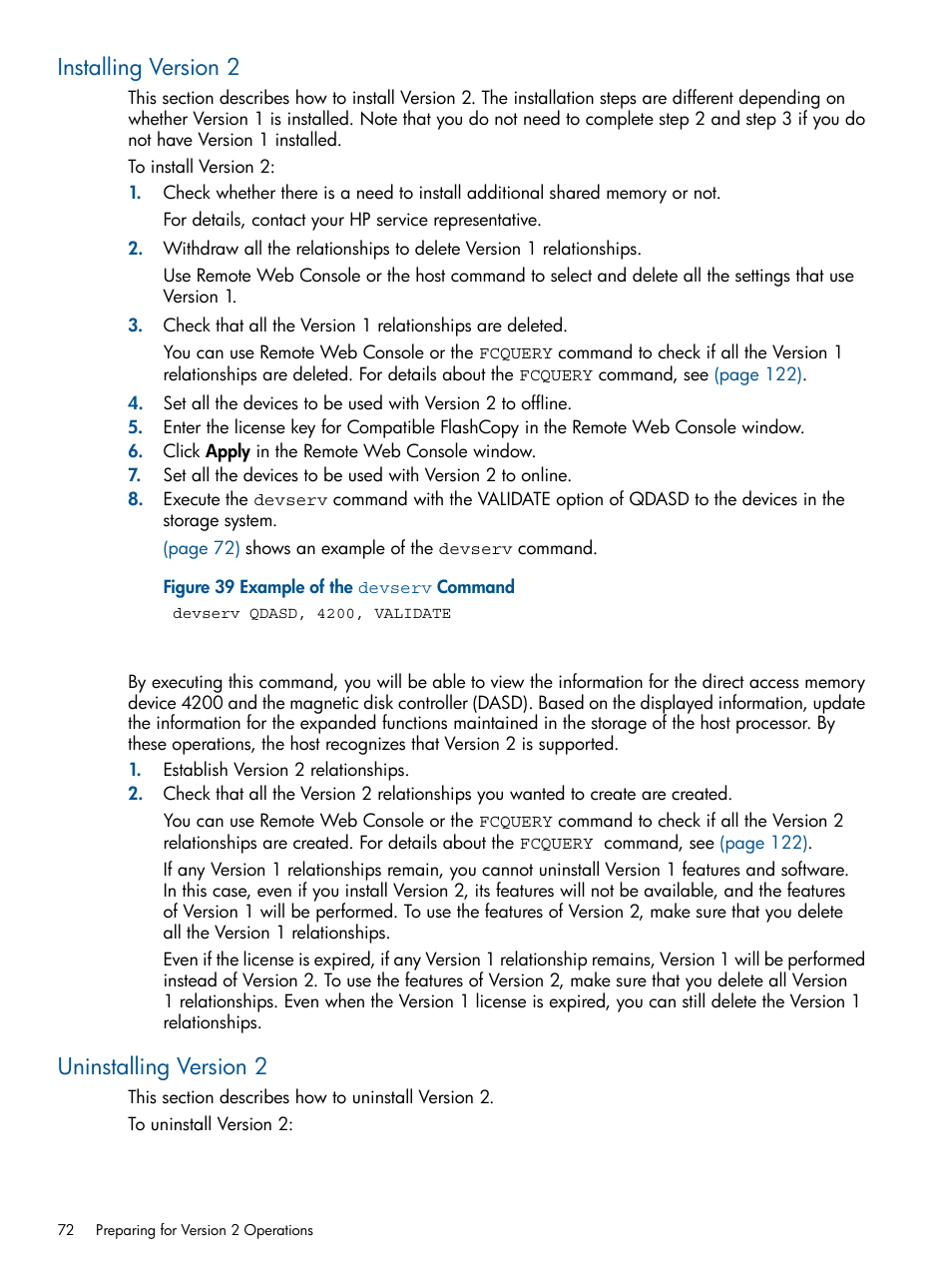 Installing version 2, Uninstalling version 2, Installing version 2 uninstalling version 2 | HP StorageWorks XP Remote Web Console Software User Manual | Page 72 / 155