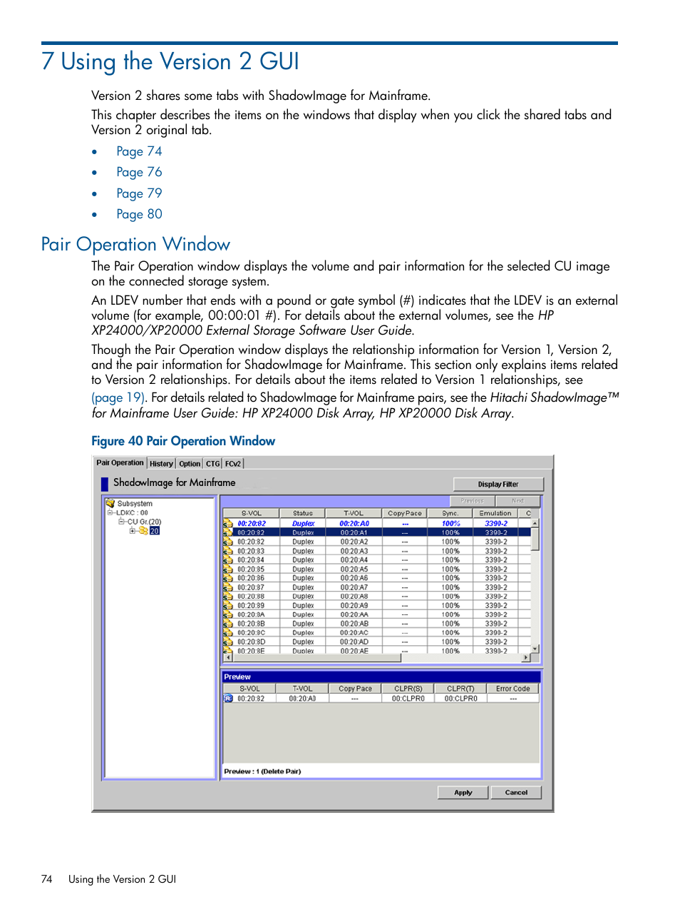 7 using the version 2 gui, Pair operation window | HP StorageWorks XP Remote Web Console Software User Manual | Page 74 / 155