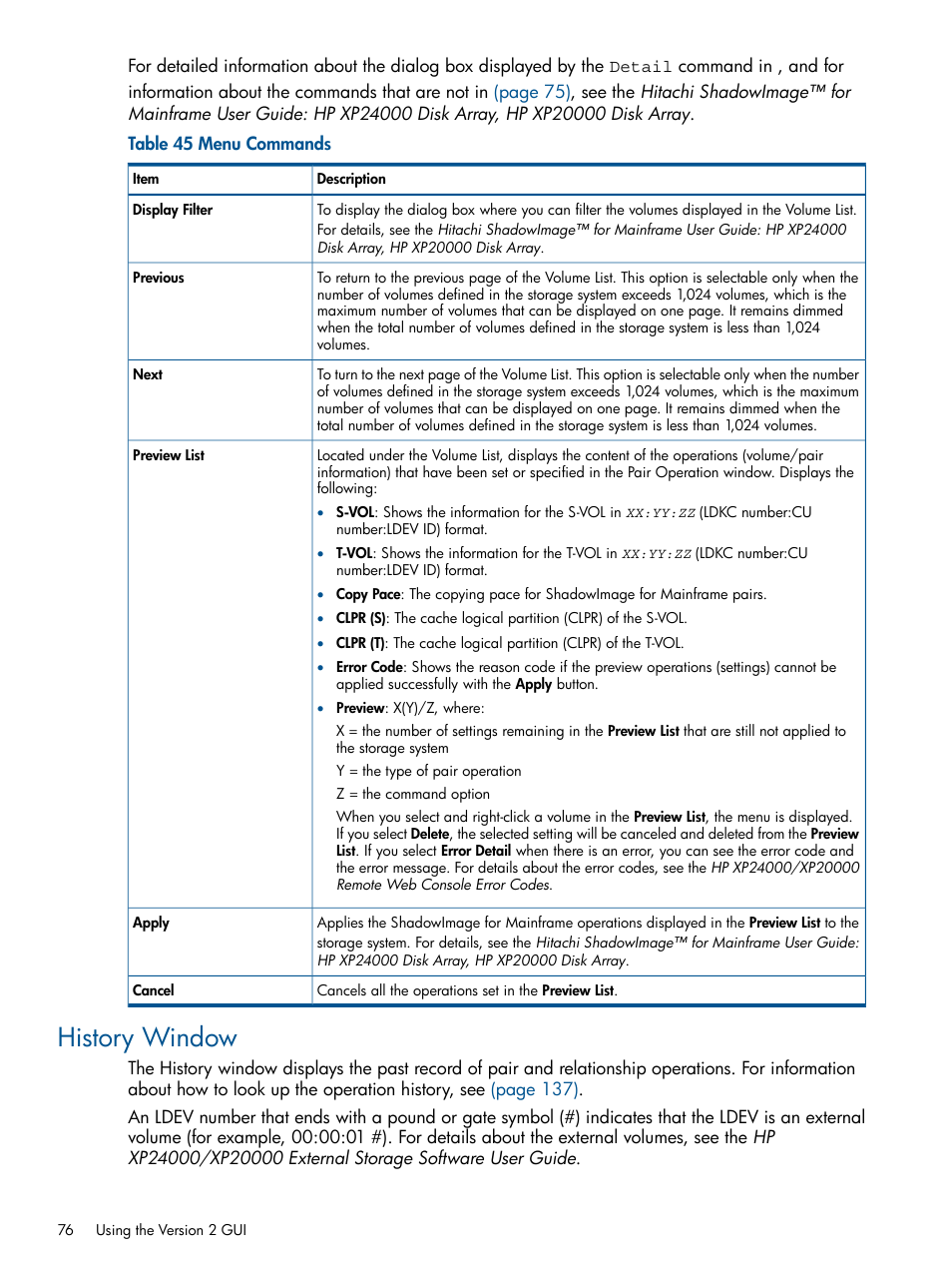 History window | HP StorageWorks XP Remote Web Console Software User Manual | Page 76 / 155