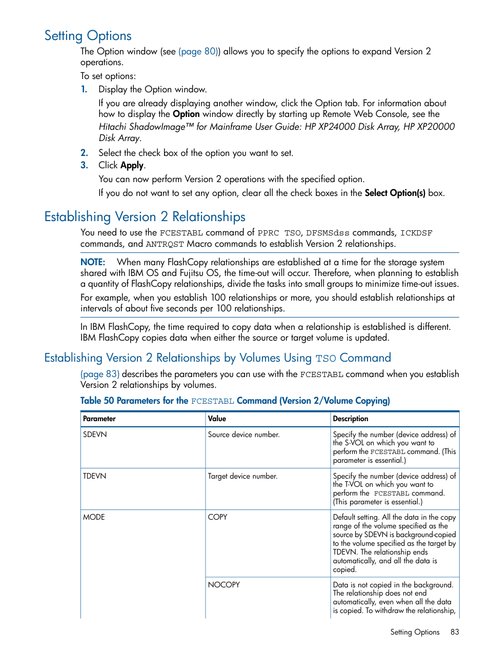 Setting options, Establishing version 2 relationships | HP StorageWorks XP Remote Web Console Software User Manual | Page 83 / 155