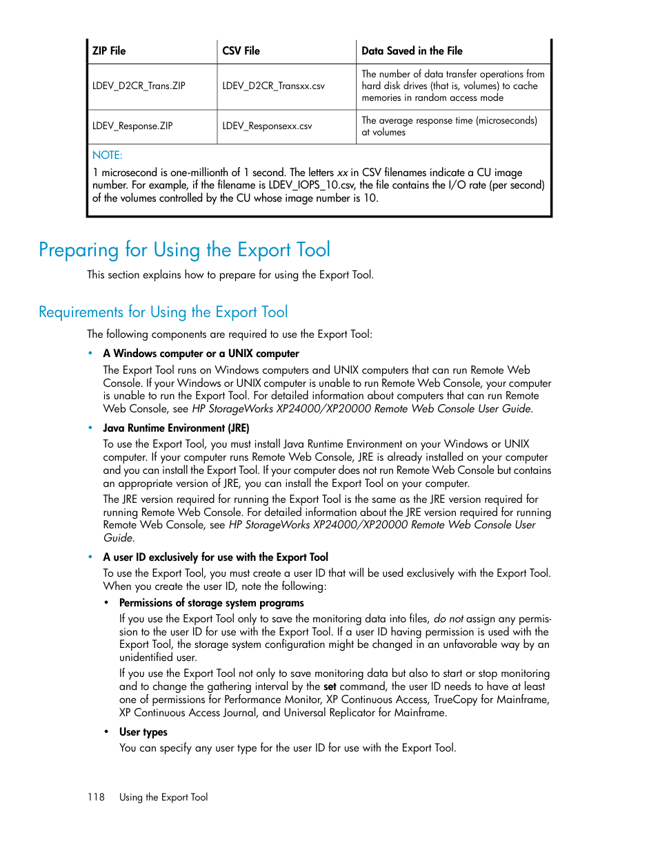 Preparing for using the export tool, Requirements for using the export tool | HP XP Array Manager Software User Manual | Page 118 / 172