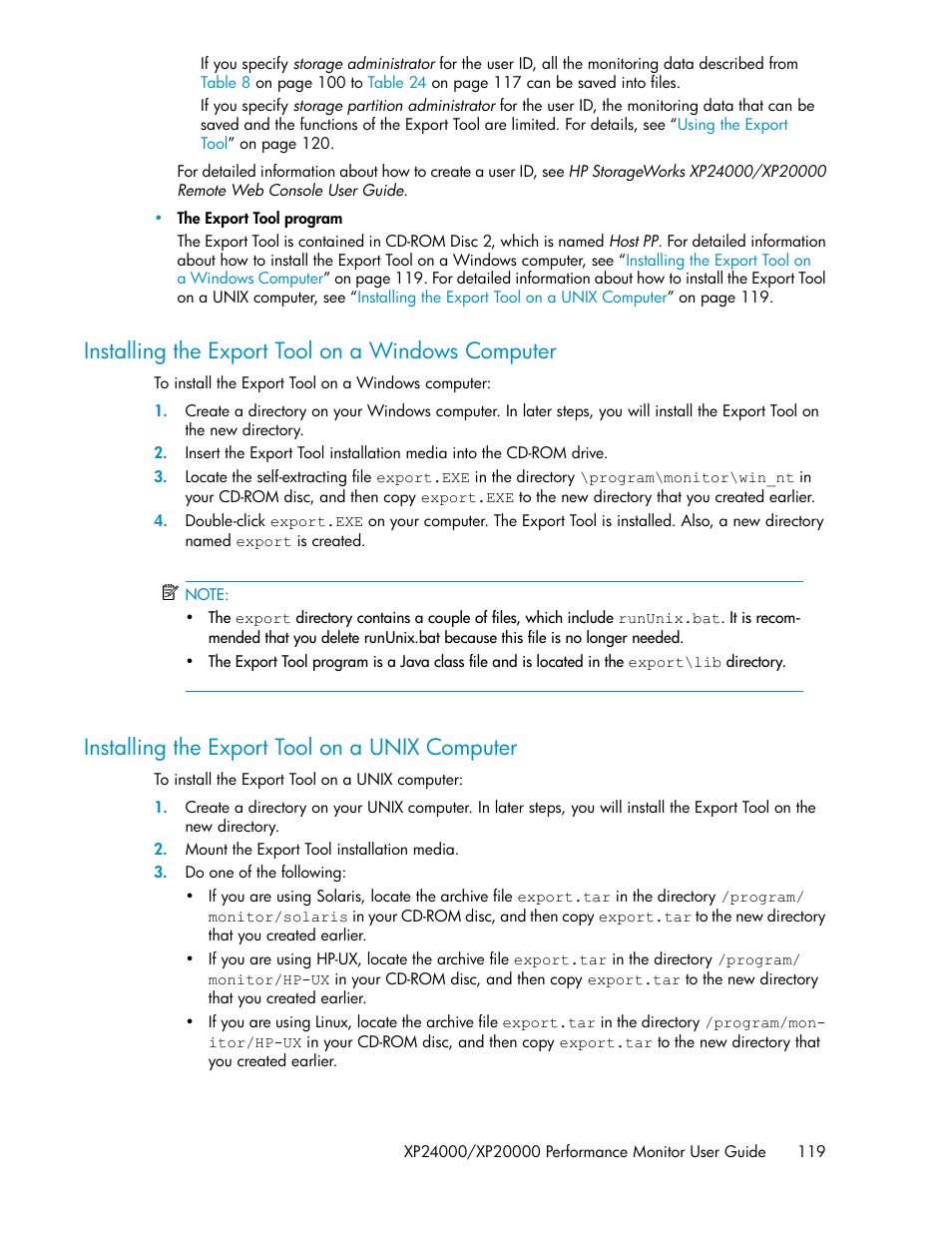 Installing the export tool on a windows computer, Installing the export tool on a unix computer, 119 installing the export tool on a unix computer | HP XP Array Manager Software User Manual | Page 119 / 172