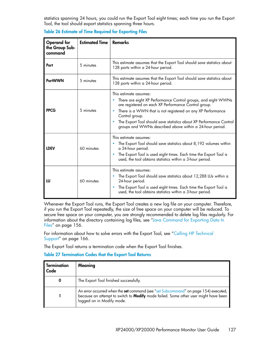 Estimate of time required for exporting files, Termination codes that the export tool returns | HP XP Array Manager Software User Manual | Page 127 / 172