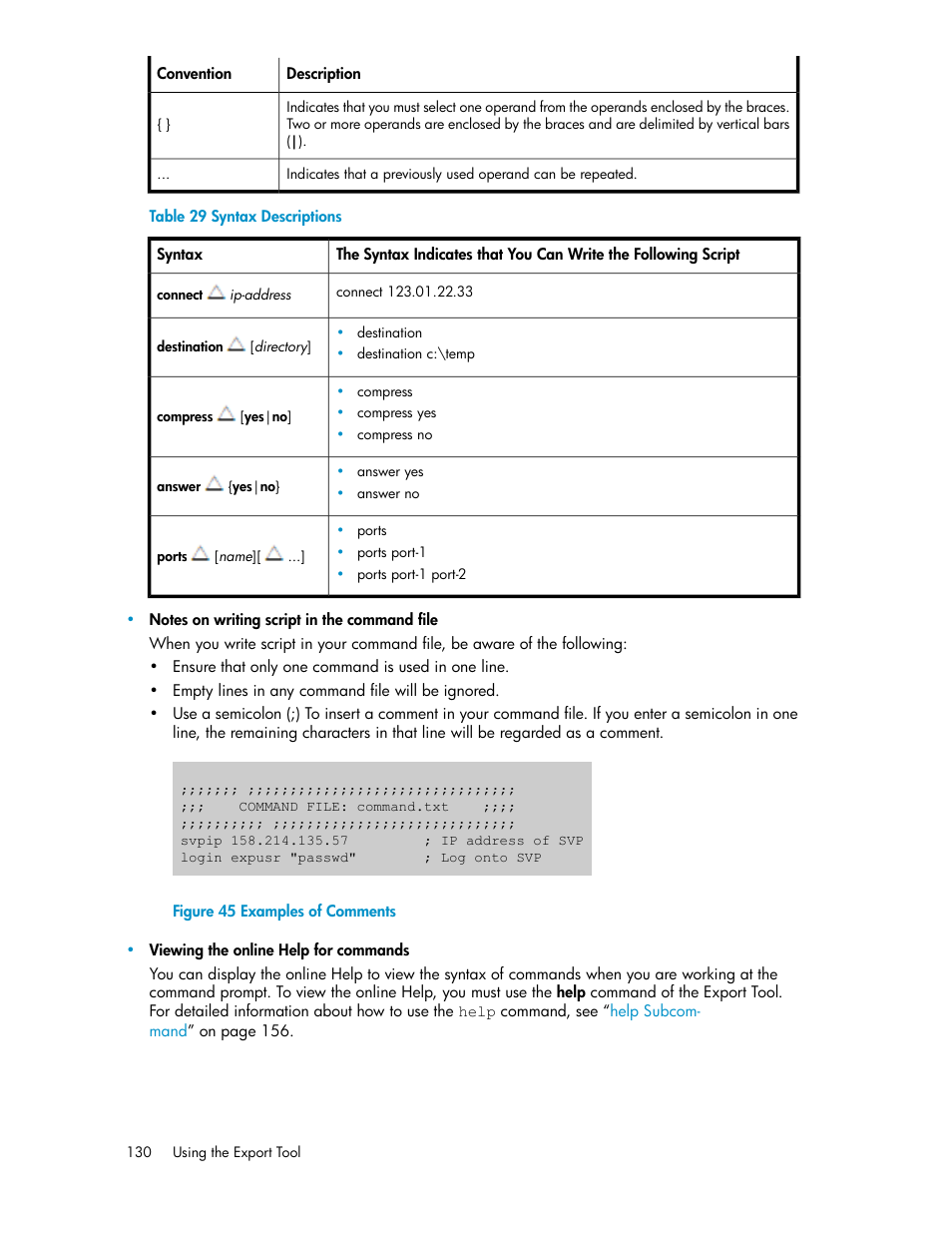 Examples of comments, Syntax descriptions | HP XP Array Manager Software User Manual | Page 130 / 172