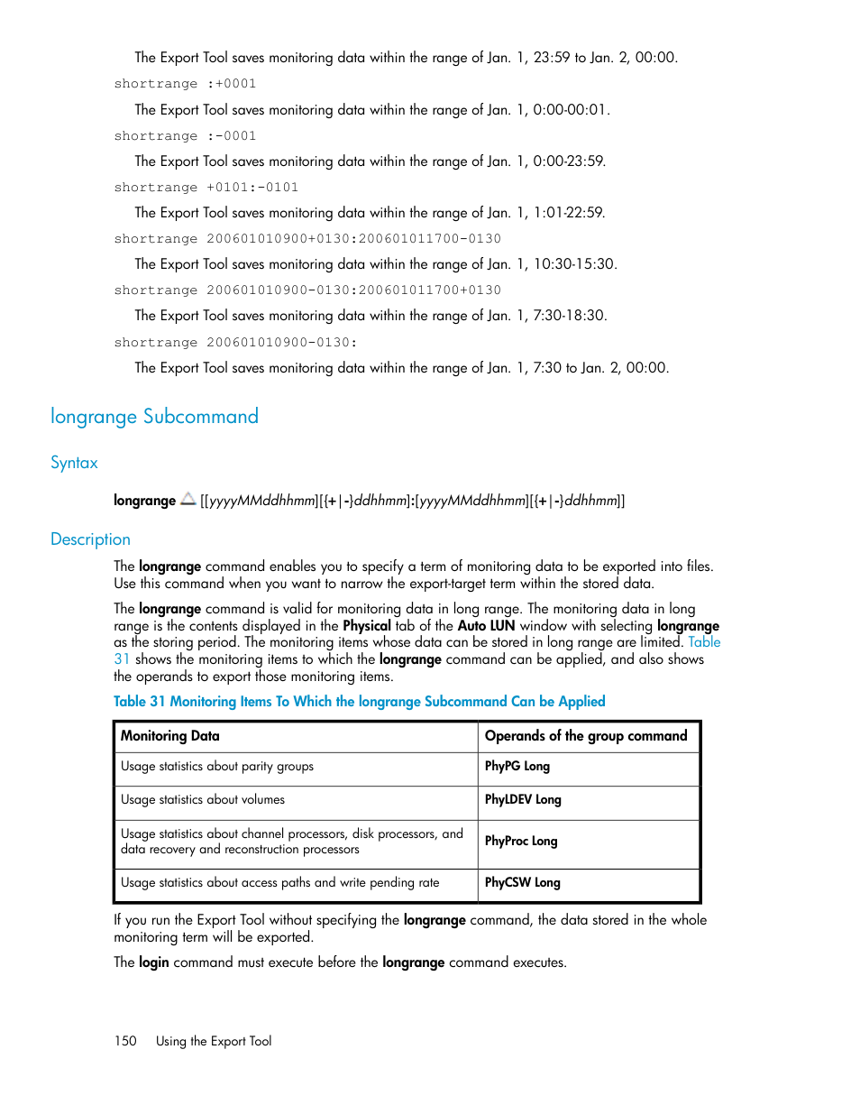 Longrange subcommand, Syntax, Description | 150 description, Longrange subcom, Mand | HP XP Array Manager Software User Manual | Page 150 / 172