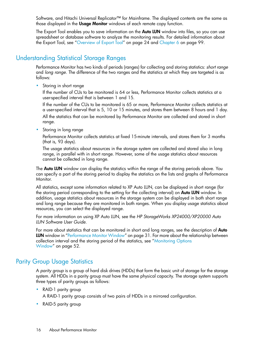Understanding statistical storage ranges, Parity group usage statistics, 16 parity group usage statistics | HP XP Array Manager Software User Manual | Page 16 / 172