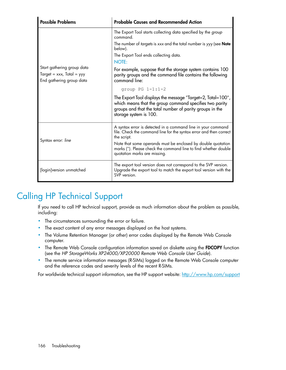 Calling hp technical support, Calling hp technical, Support | HP XP Array Manager Software User Manual | Page 166 / 172