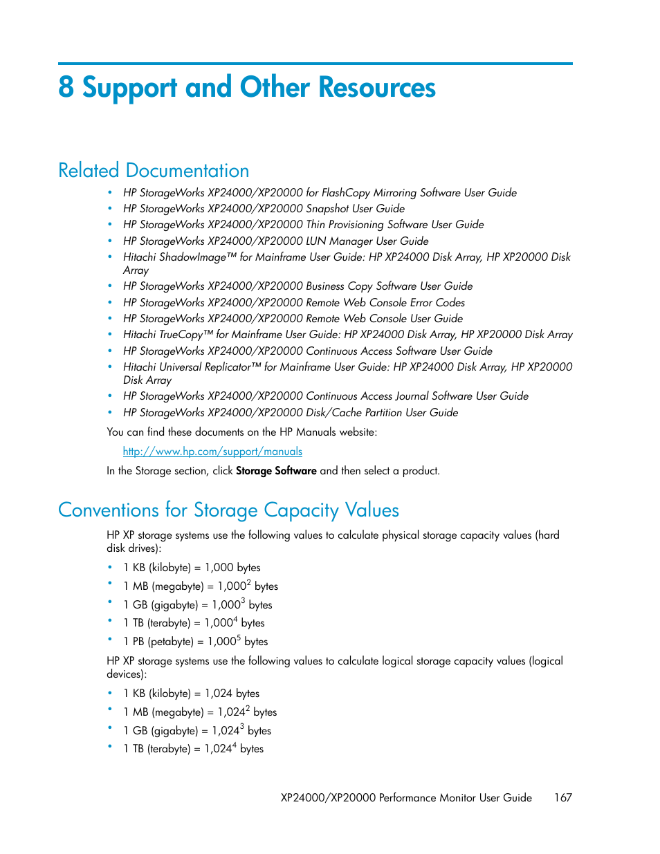 8 support and other resources, Related documentation, Conventions for storage capacity values | 167 conventions for storage capacity values | HP XP Array Manager Software User Manual | Page 167 / 172