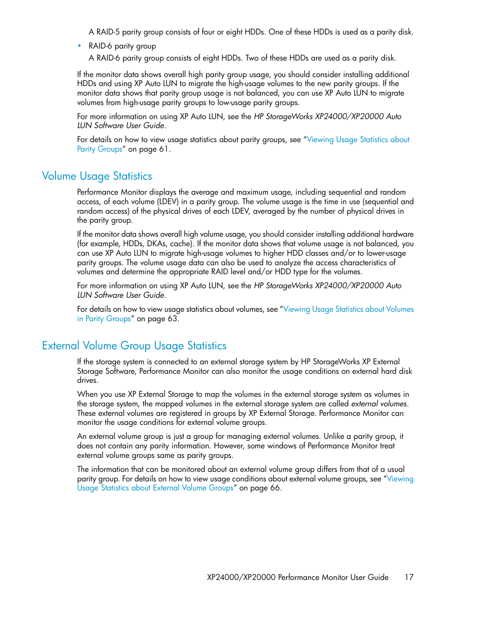 Volume usage statistics, External volume group usage statistics, 17 external volume group usage statistics | HP XP Array Manager Software User Manual | Page 17 / 172