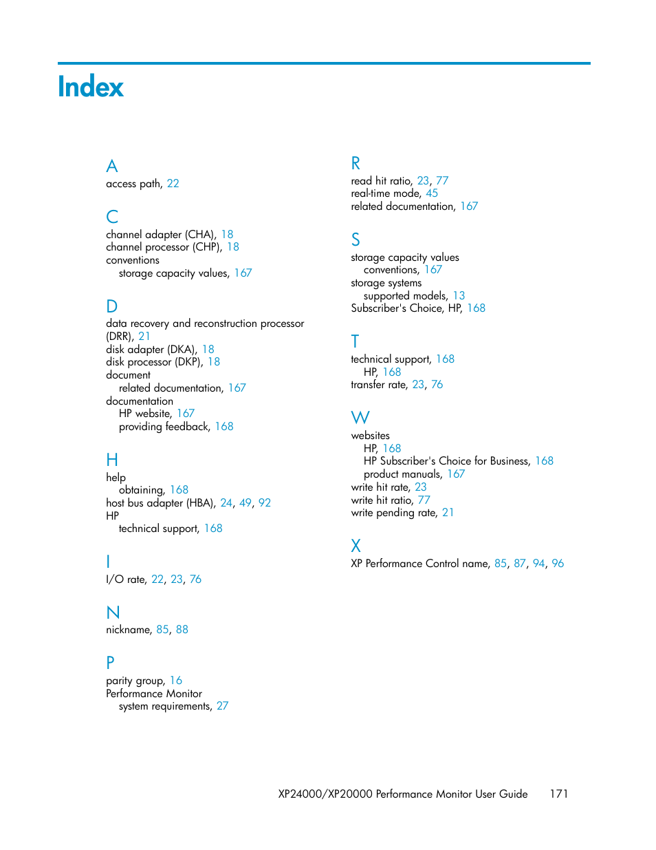 Index | HP XP Array Manager Software User Manual | Page 171 / 172