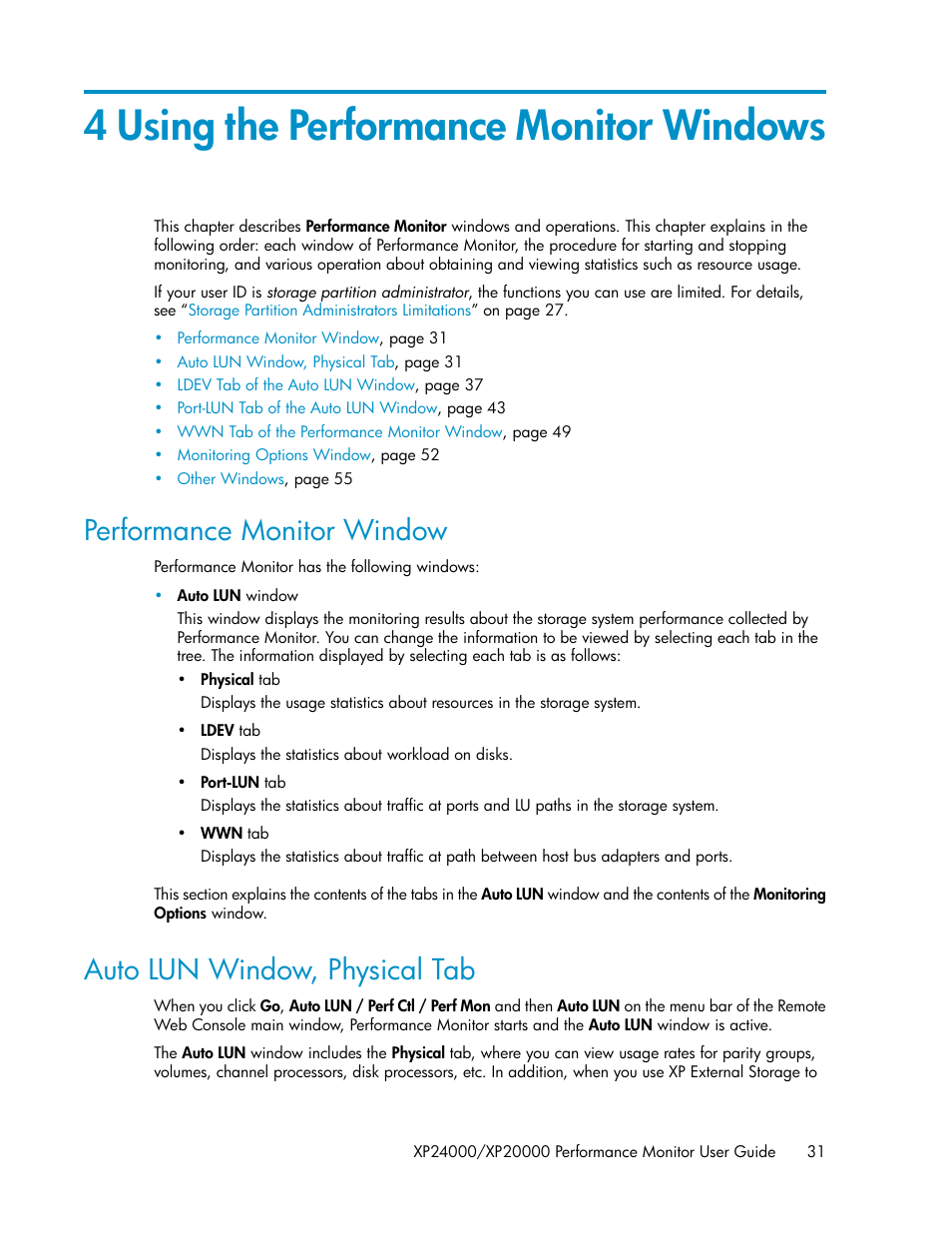 4 using the performance monitor windows, Performance monitor window, Auto lun window, physical tab | 31 auto lun window, physical tab | HP XP Array Manager Software User Manual | Page 31 / 172