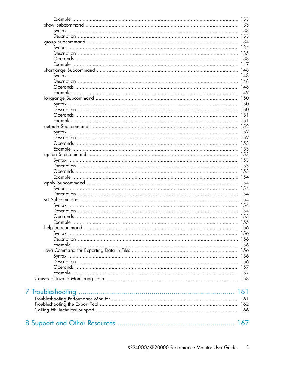 7 troubleshooting, 8 support and other resources | HP XP Array Manager Software User Manual | Page 5 / 172