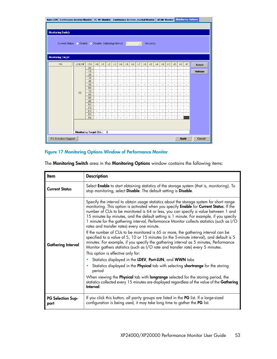 Monitoring options window of performance monitor | HP XP Array Manager Software User Manual | Page 53 / 172