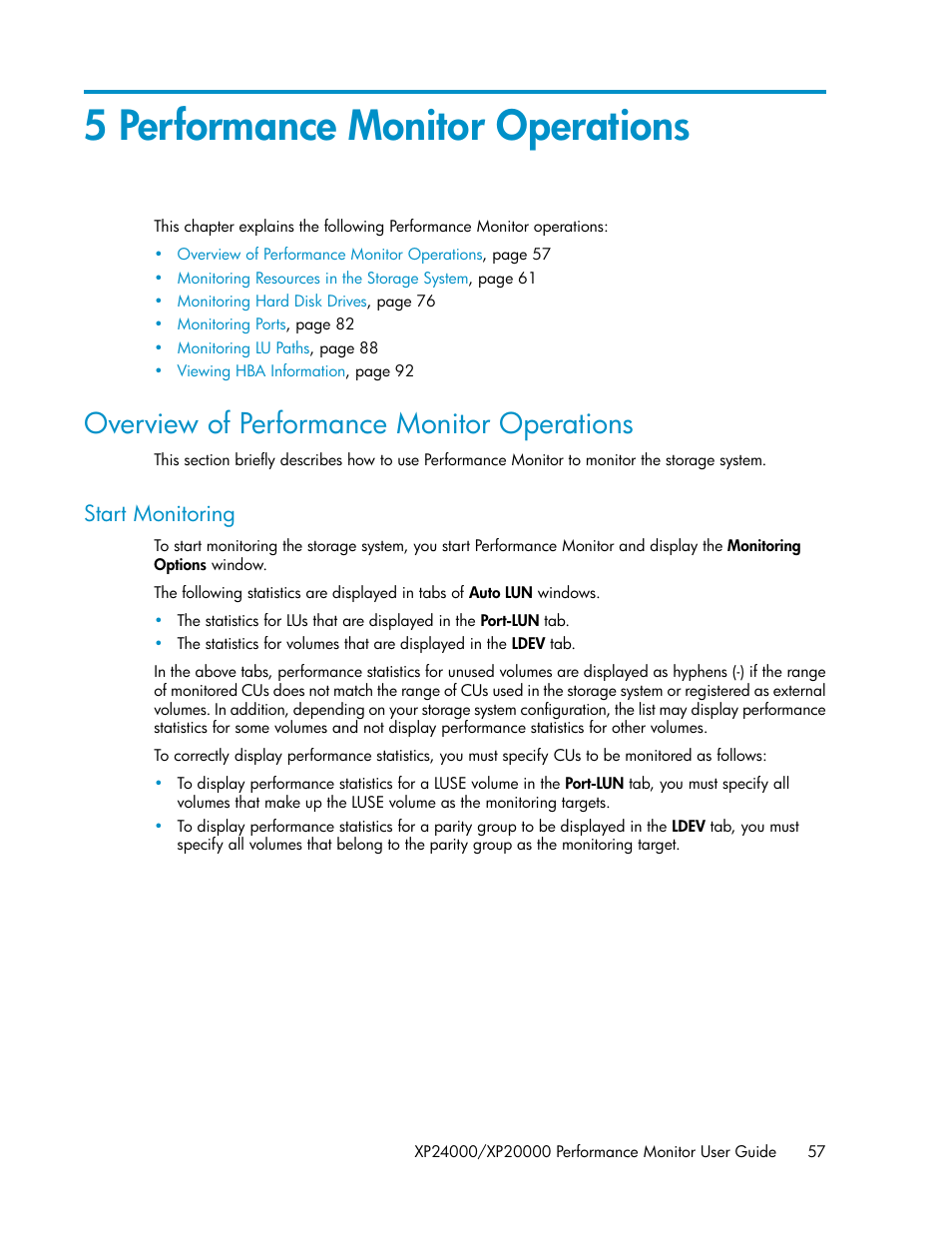 5 performance monitor operations, Overview of performance monitor operations, Start monitoring | HP XP Array Manager Software User Manual | Page 57 / 172