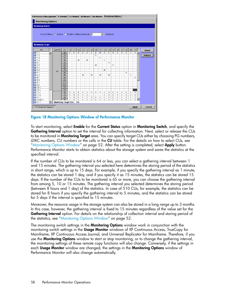Monitoring options window of performance monitor | HP XP Array Manager Software User Manual | Page 58 / 172