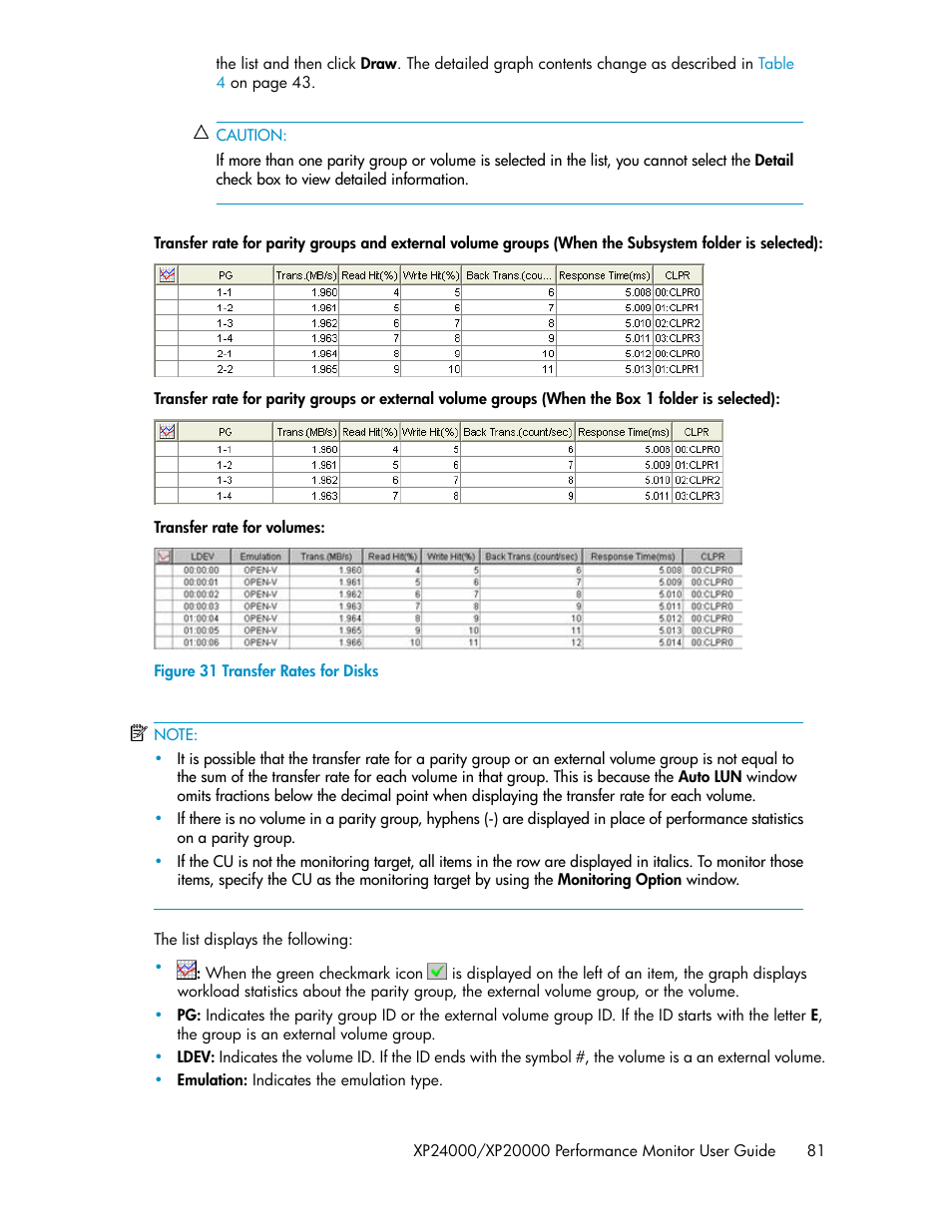 Transfer rates for disks | HP XP Array Manager Software User Manual | Page 81 / 172