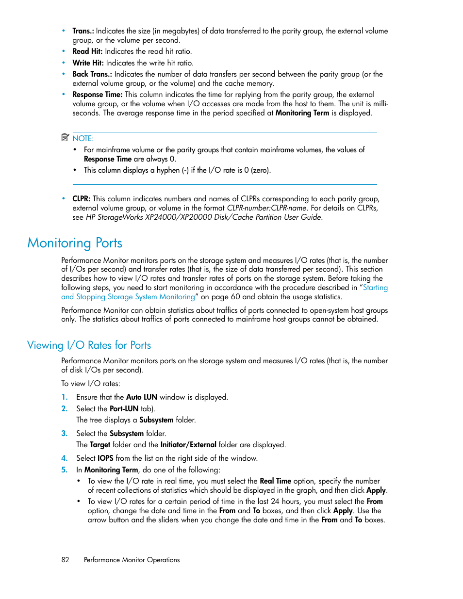 Monitoring ports, Viewing i/o rates for ports | HP XP Array Manager Software User Manual | Page 82 / 172