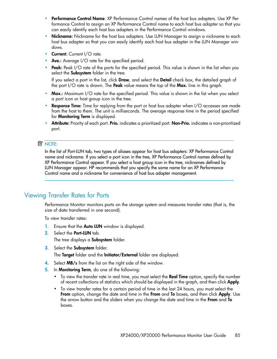 Viewing transfer rates for ports | HP XP Array Manager Software User Manual | Page 85 / 172