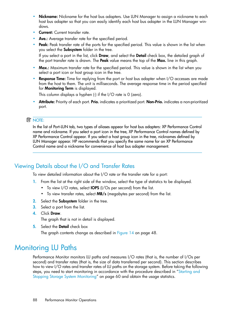 Viewing details about the i/o and transfer rates, Monitoring lu paths, Monitoring lu | Paths | HP XP Array Manager Software User Manual | Page 88 / 172
