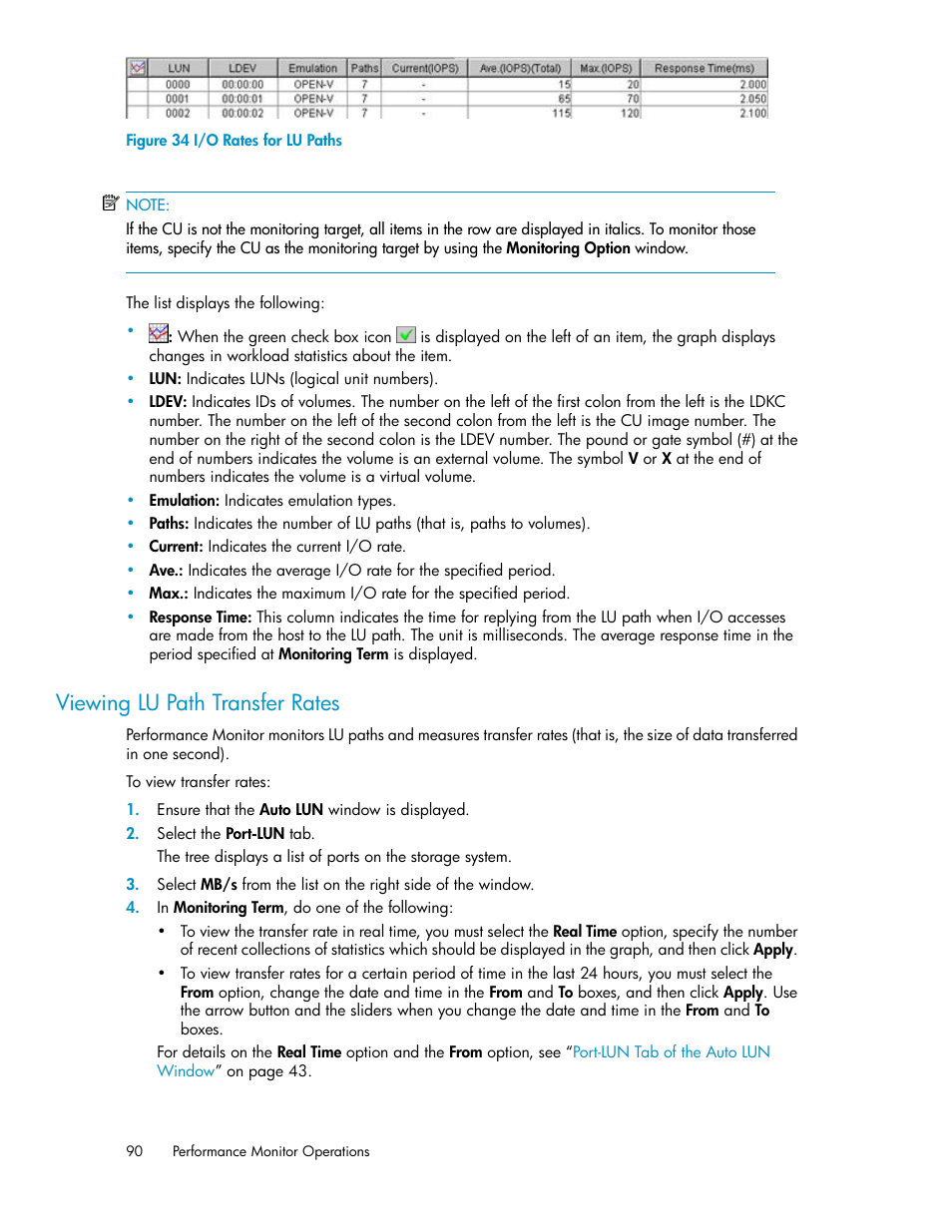 Viewing lu path transfer rates, I/o rates for lu paths | HP XP Array Manager Software User Manual | Page 90 / 172