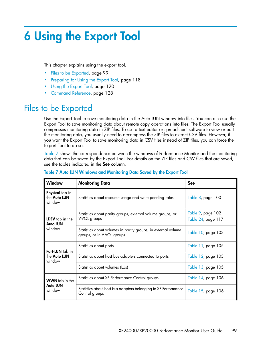 6 using the export tool, Files to be exported, Chapter 6 | HP XP Array Manager Software User Manual | Page 99 / 172