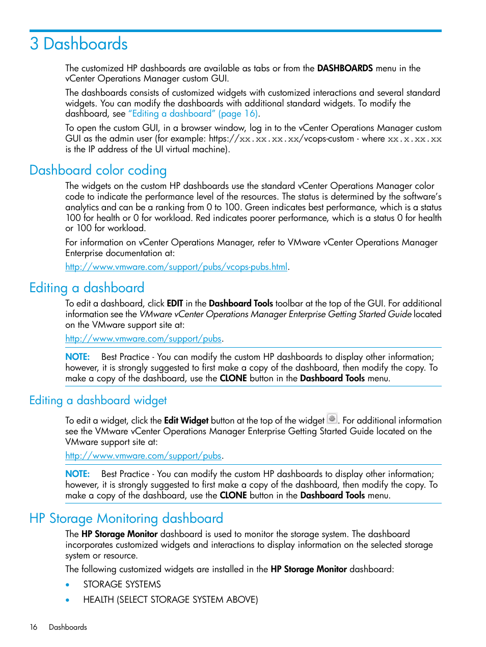 3 dashboards, Dashboard color coding, Editing a dashboard | Editing a dashboard widget, Hp storage monitoring dashboard, Dashboard color coding editing a dashboard | HP StoreFront Analytics for VMware Software Licenses User Manual | Page 16 / 44