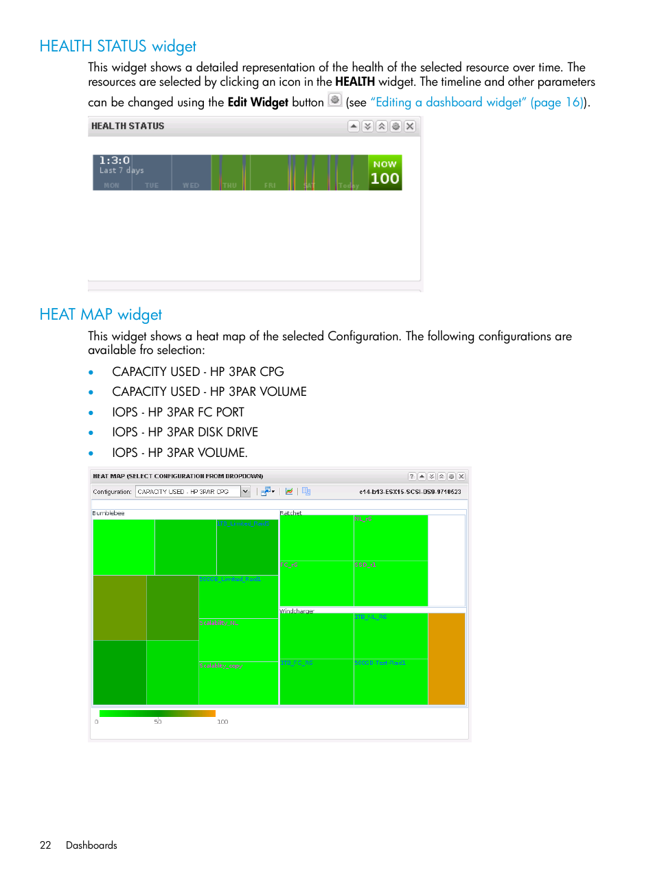 Health status widget, Heat map widget, Health status widget heat map widget | HP StoreFront Analytics for VMware Software Licenses User Manual | Page 22 / 44