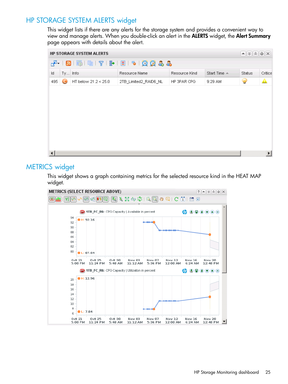 Hp storage system alerts widget, Metrics widget, Hp storage system alerts widget metrics widget | HP StoreFront Analytics for VMware Software Licenses User Manual | Page 25 / 44