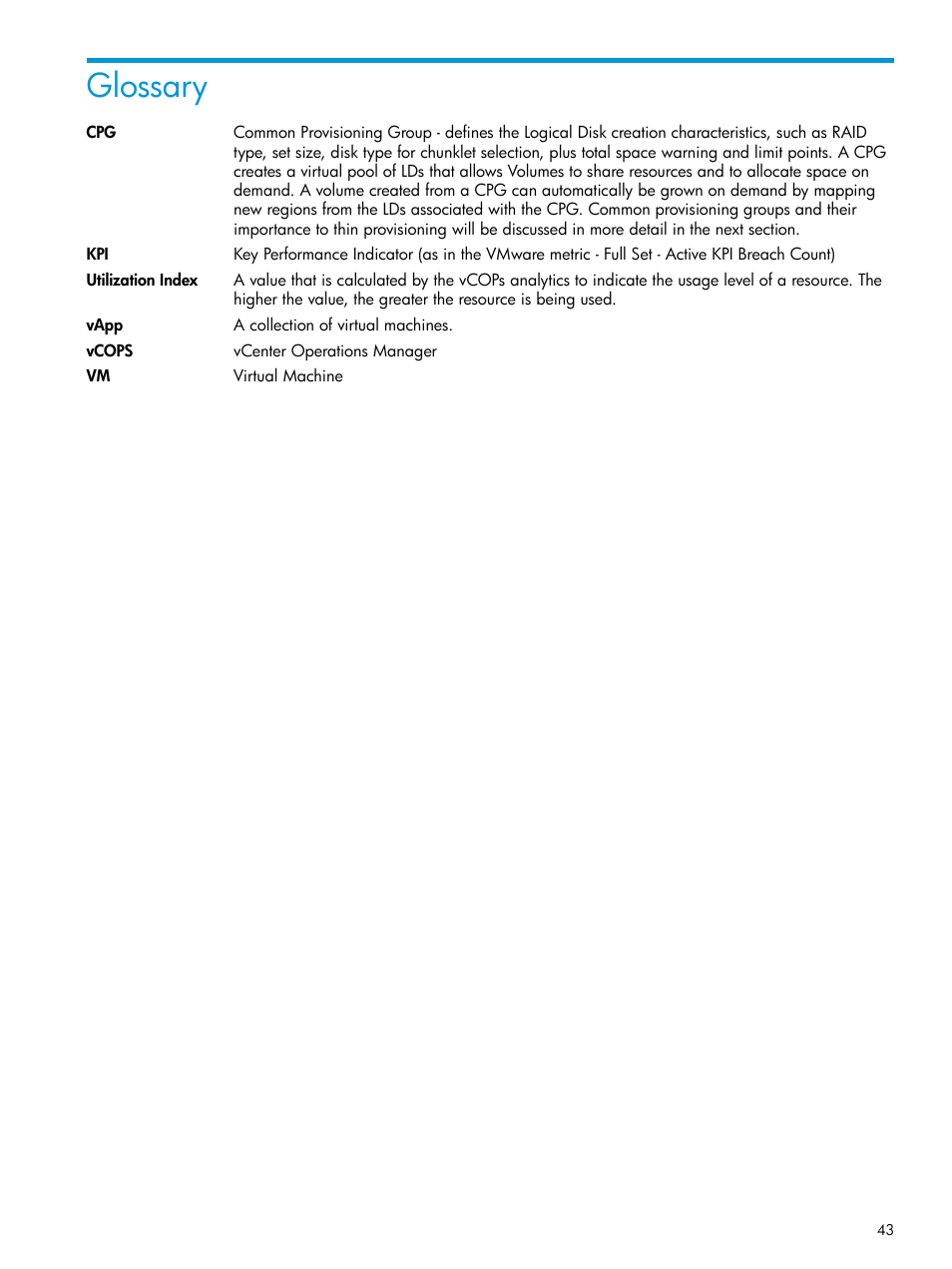 Glossary | HP StoreFront Analytics for VMware Software Licenses User Manual | Page 43 / 44
