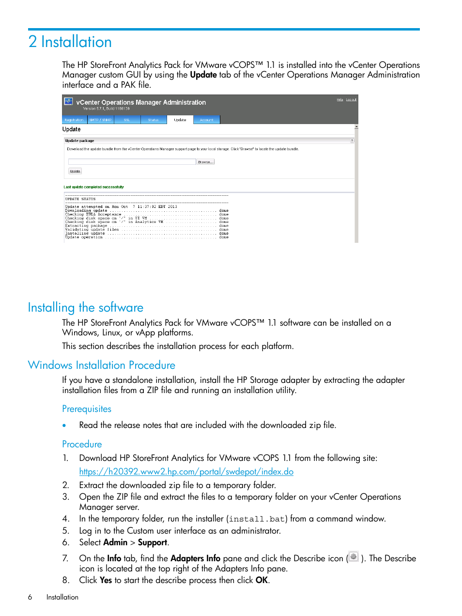 2 installation, Installing the software, Windows installation procedure | HP StoreFront Analytics for VMware Software Licenses User Manual | Page 6 / 44