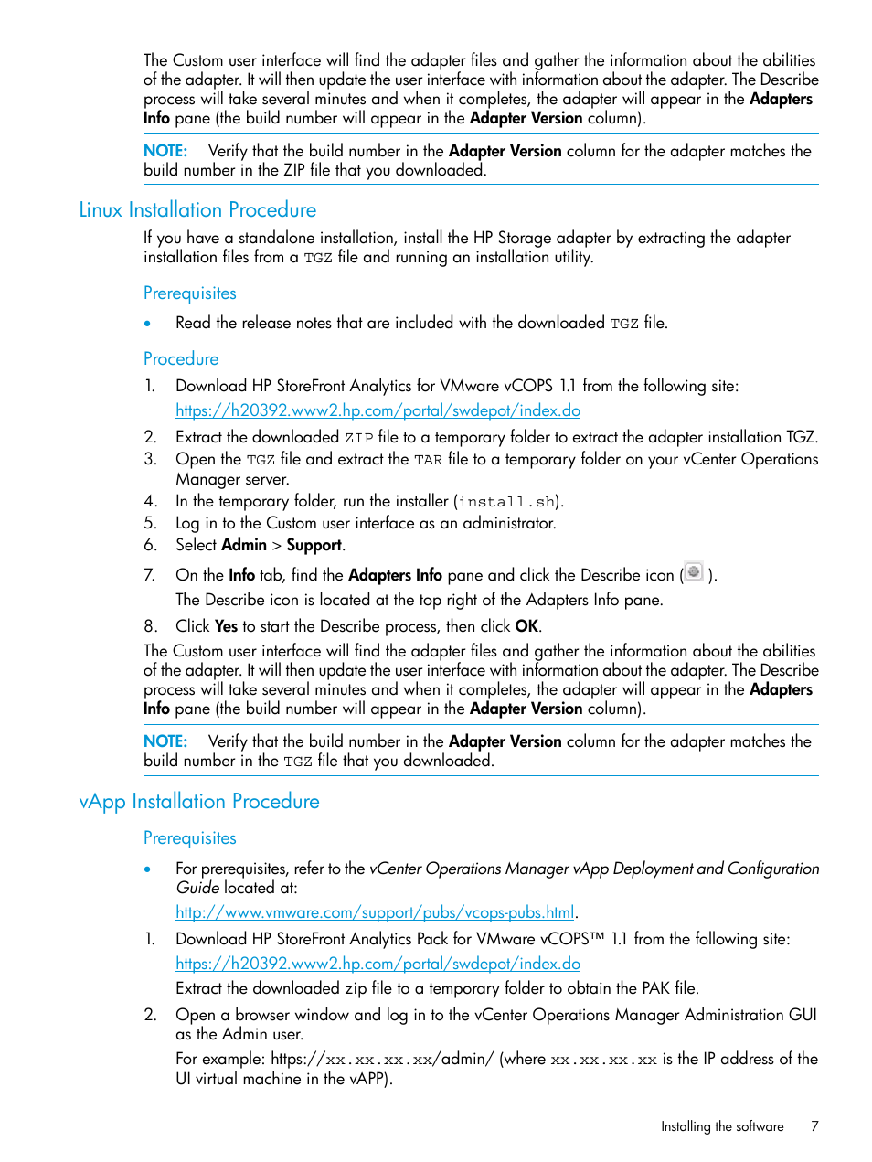 Linux installation procedure, Vapp installation procedure | HP StoreFront Analytics for VMware Software Licenses User Manual | Page 7 / 44