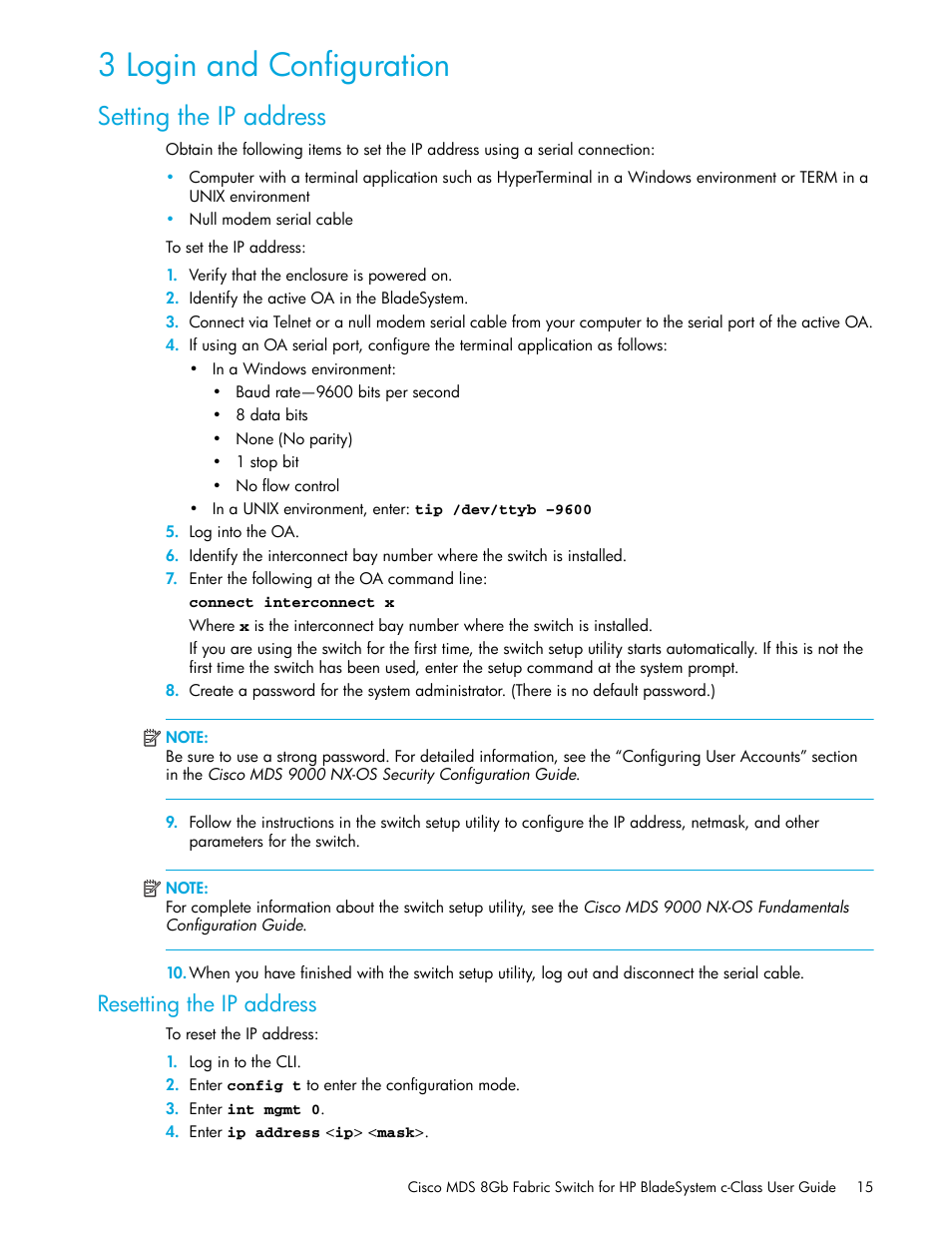 3 login and configuration, Setting the ip address, Resetting the ip address | HP Cisco MDS 8Gb Fabric Switch for HP BladeSystem c-Class User Manual | Page 15 / 52