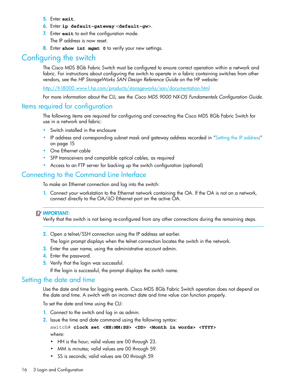 Configuring the switch, Items required for configuration, Connecting to the command line interface | Setting the date and time | HP Cisco MDS 8Gb Fabric Switch for HP BladeSystem c-Class User Manual | Page 16 / 52