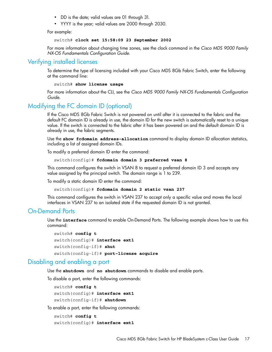 Verifying installed licenses, Modifying the fc domain id (optional), On-demand ports | Disabling and enabling a port | HP Cisco MDS 8Gb Fabric Switch for HP BladeSystem c-Class User Manual | Page 17 / 52