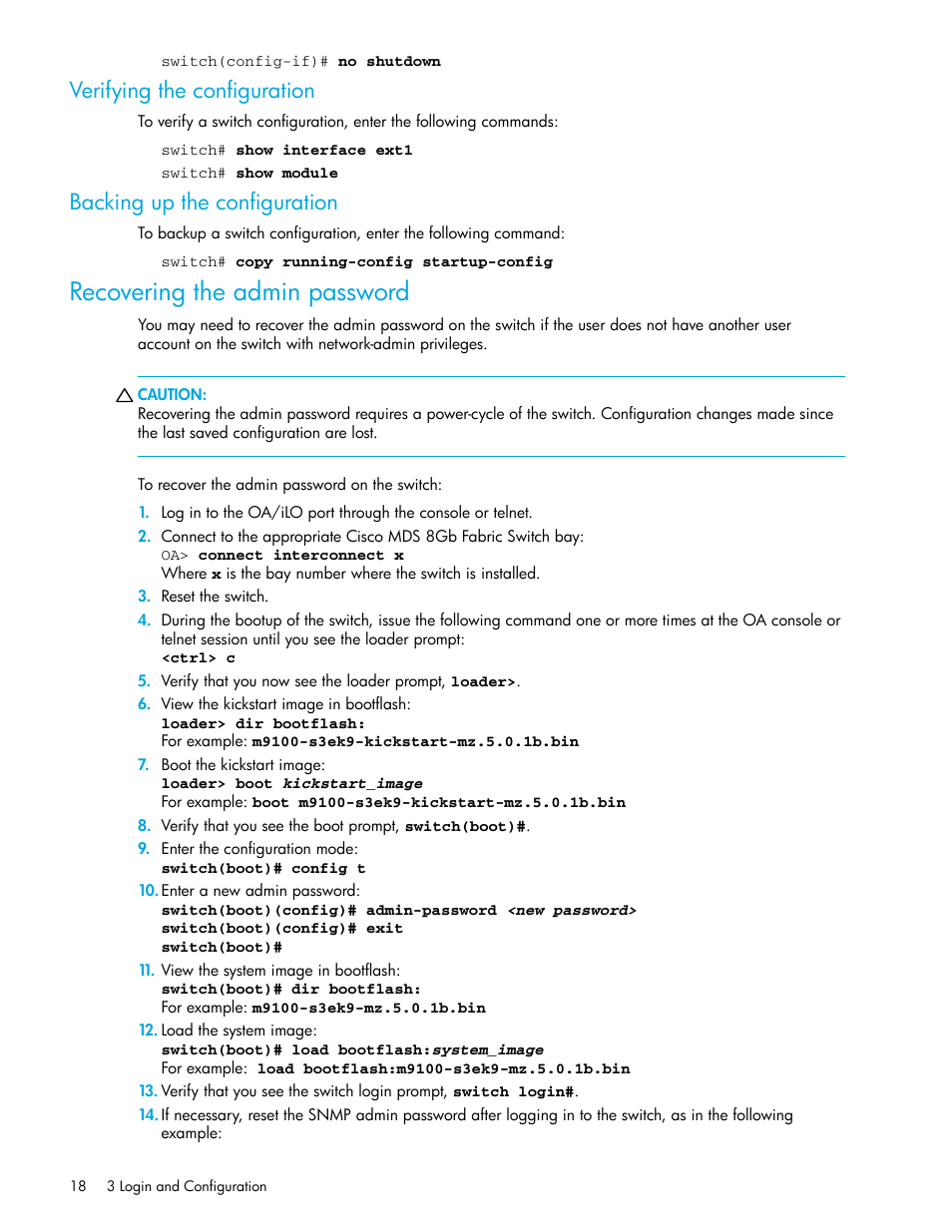 Verifying the configuration, Backing up the configuration, Recovering the admin password | HP Cisco MDS 8Gb Fabric Switch for HP BladeSystem c-Class User Manual | Page 18 / 52