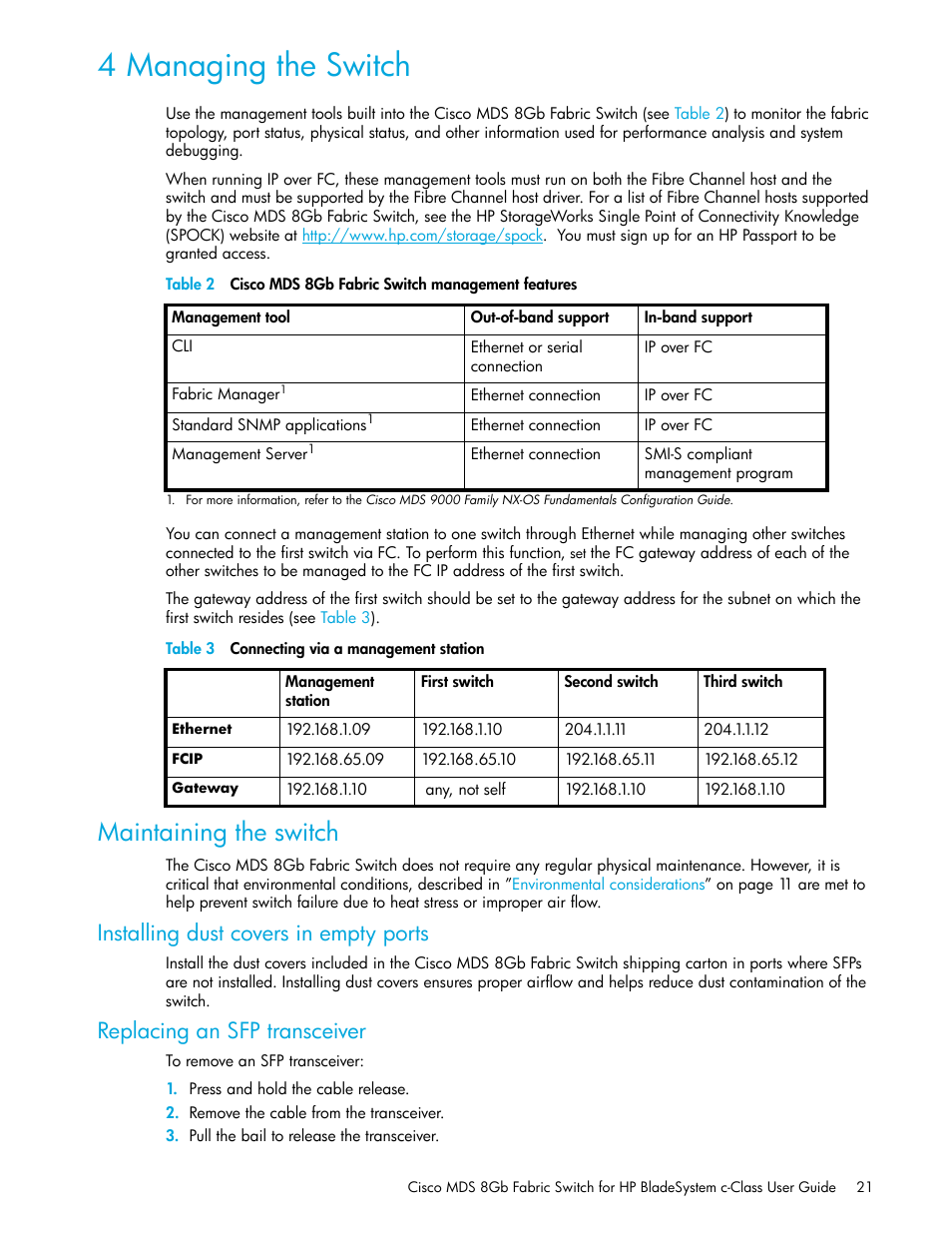 4 managing the switch, Maintaining the switch, Installing dust covers in empty ports | Replacing an sfp transceiver | HP Cisco MDS 8Gb Fabric Switch for HP BladeSystem c-Class User Manual | Page 21 / 52