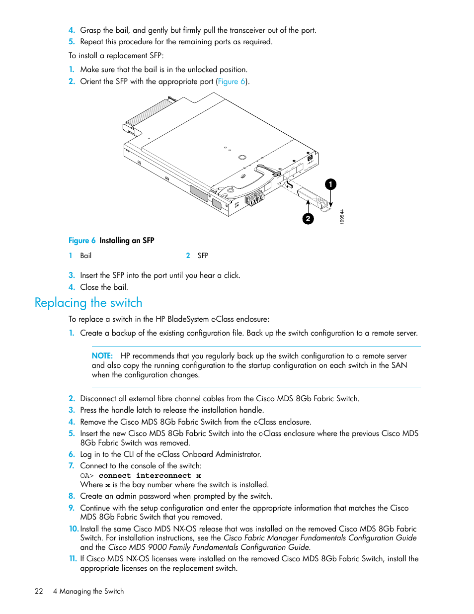 Replacing the switch | HP Cisco MDS 8Gb Fabric Switch for HP BladeSystem c-Class User Manual | Page 22 / 52