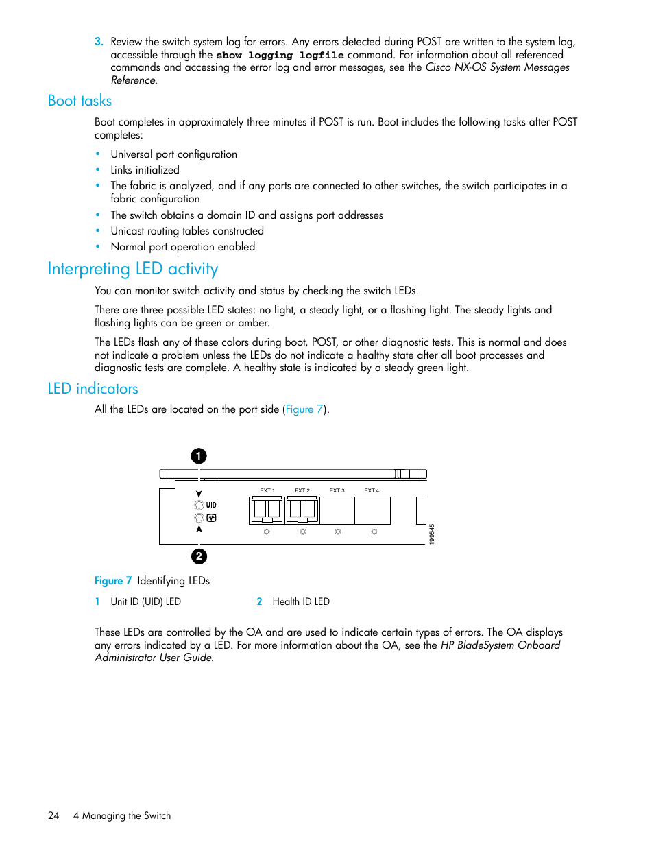 Boot tasks, Interpreting led activity, Led indicators | HP Cisco MDS 8Gb Fabric Switch for HP BladeSystem c-Class User Manual | Page 24 / 52